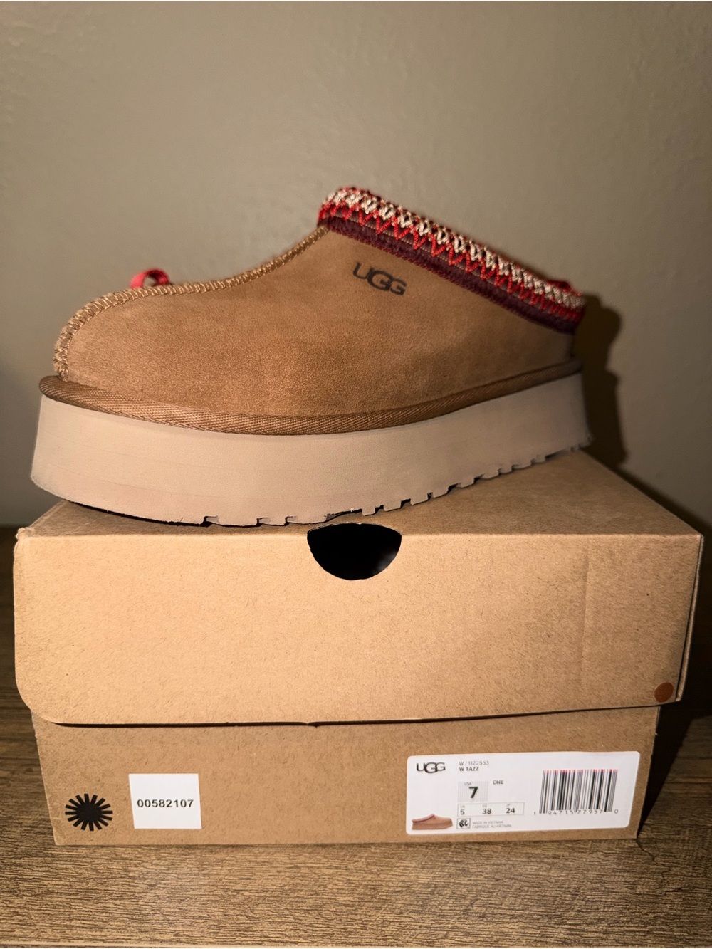 UGG Tan Suede Platform Clog with Red Knit Trim